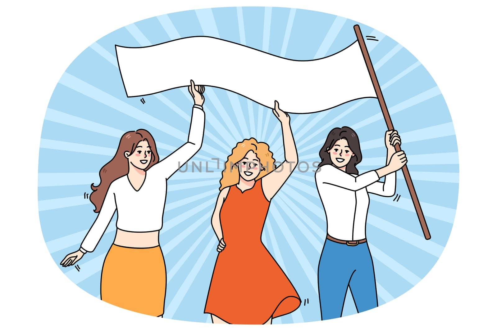 Smiling diverse women with banner for international woman day celebrate together. Happy female activists fight for feminist rights and equality. Feminism and girl power. Vector illustration.