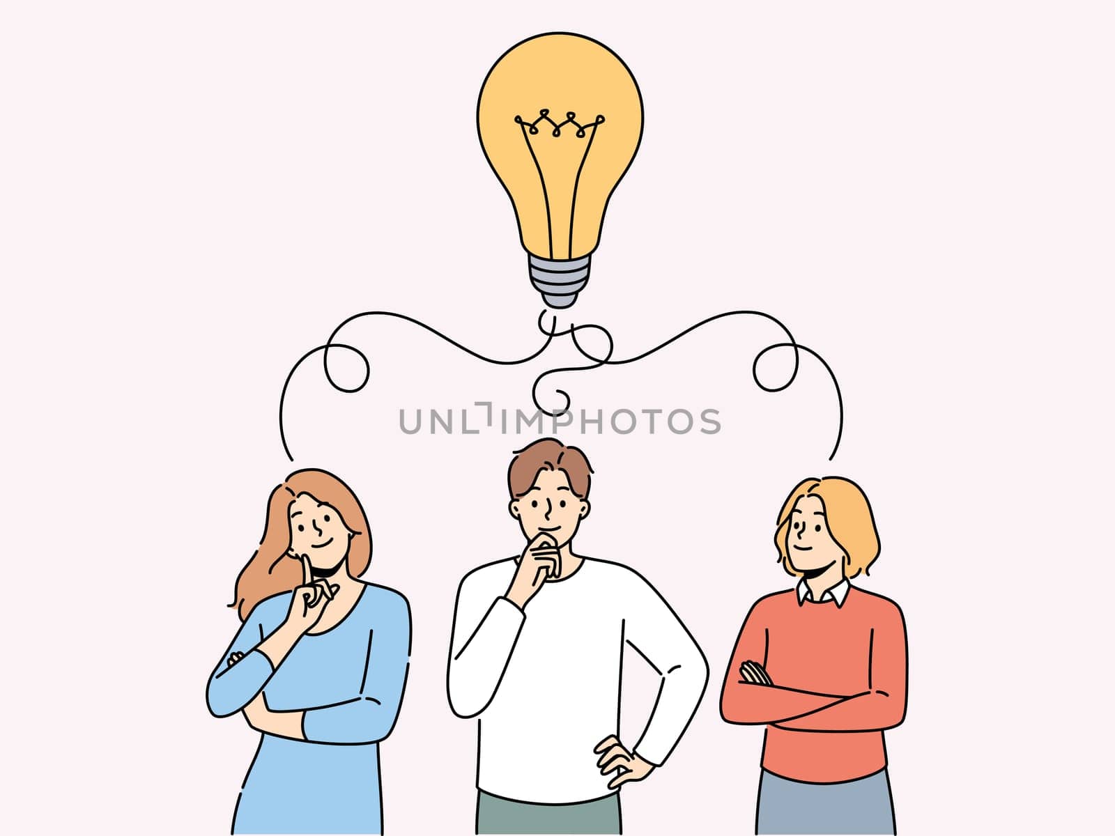 Pensive team with huge lightbulb above head brainstorm generate creative business idea together. Thoughtful businesspeople think develop strategy. Vector illustration.