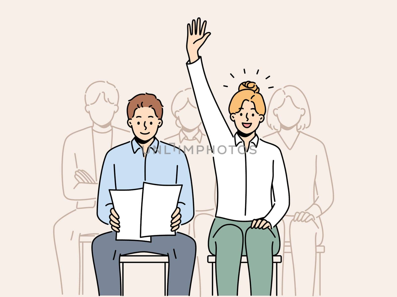 Smiling woman raise hand volunteer at team meeting in office. Confident female employee ask or answer question at seminar or conference. Vector illustration.