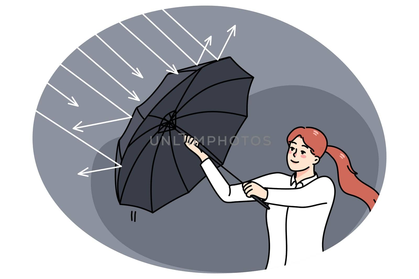 Successful businesswoman use umbrella protect from rain. Concept of investment and profit. Stock exchange and banking stability. Finances and money income. Flat vector illustration.