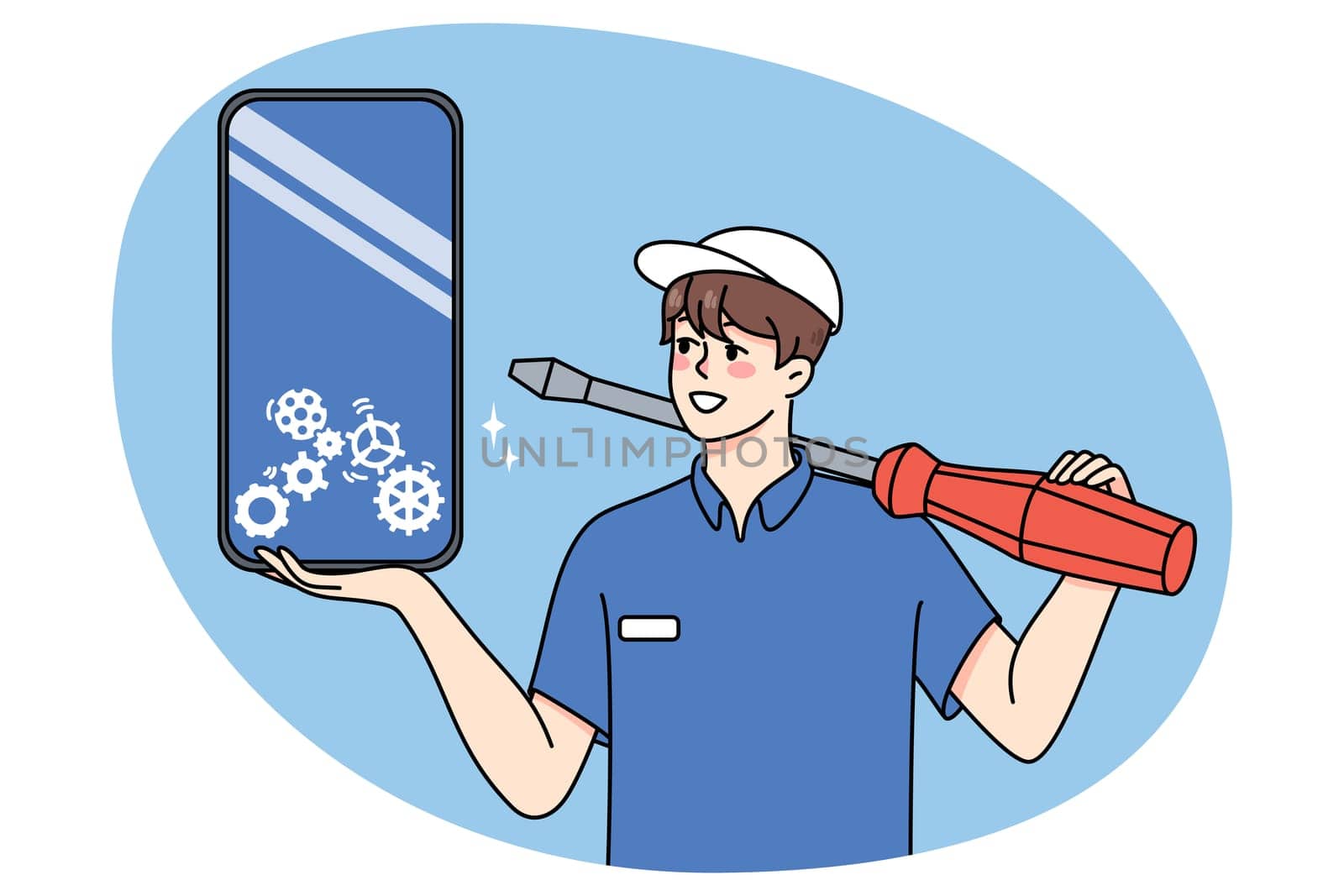 Smiling man with huge tools repair smartphone in mobile client center or shop. Male engineer fix smartphone, install or download program. Gadgets and technology. Vector illustration.