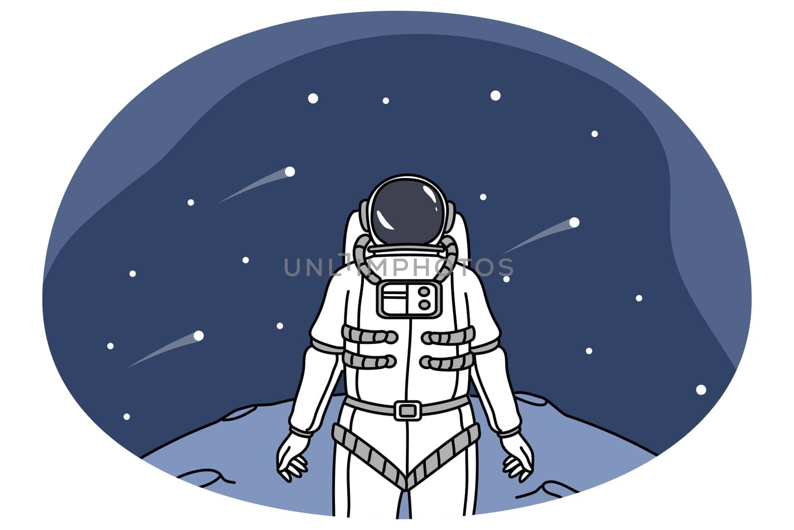 Astronaut in spacesuit explore planet in universe look in space full of stars. Cosmonaut or spaceman stand on surface of moon, have mission in open cosmos. Flat vector illustration.