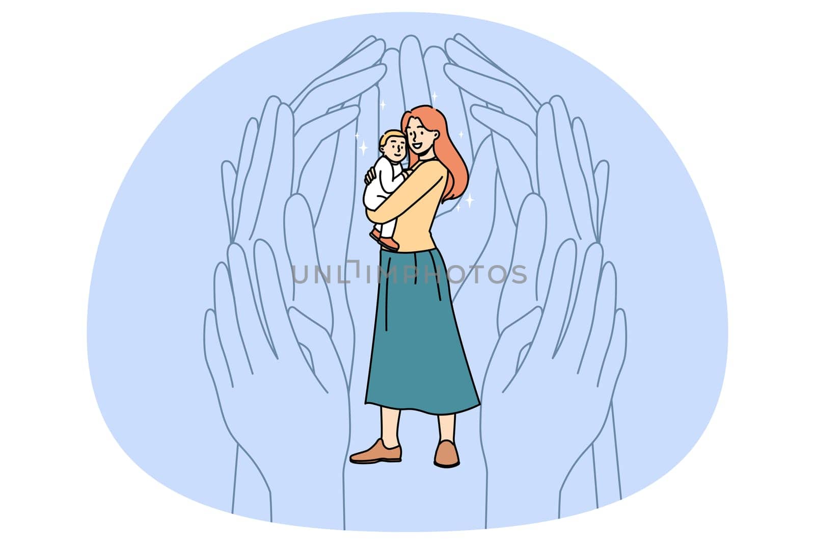 Huge hands help protect young single mother holding baby infant. Society aid and assistance for mom with small kid. Support and protection for mum, motherhood concept. Vector illustration.