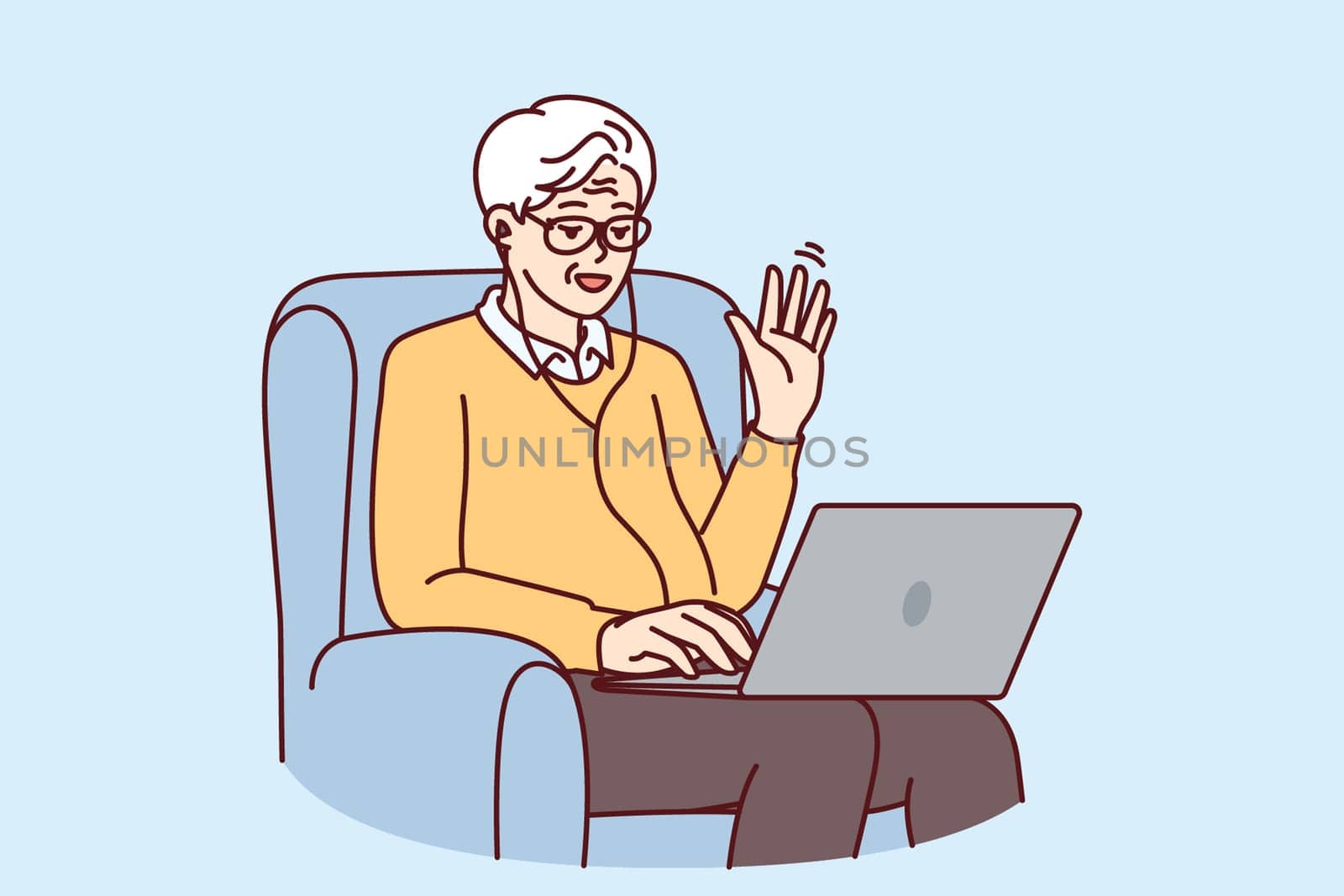 Elderly man makes video call through laptop sitting in chair and waving hand greeting interlocutor. Elderly human with laptop learns computer literacy by participating in online webinar