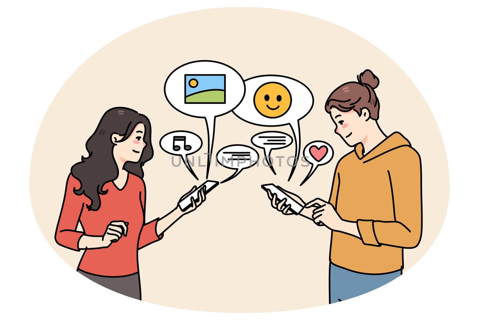 Smiling girlfriends using cellphones communicating online on social media. Happy girls chat text on internet on smartphones, send share messages on devices. Communication. Vector illustration.