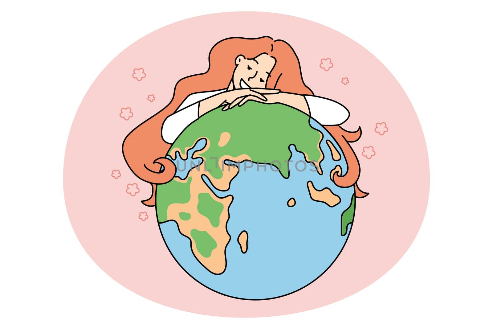 Smiling young woman hug planet Earth show love and care to nature. Happy girl embrace globe demonstrate environment protection and safety. Ecology awareness. Flat vector illustration.