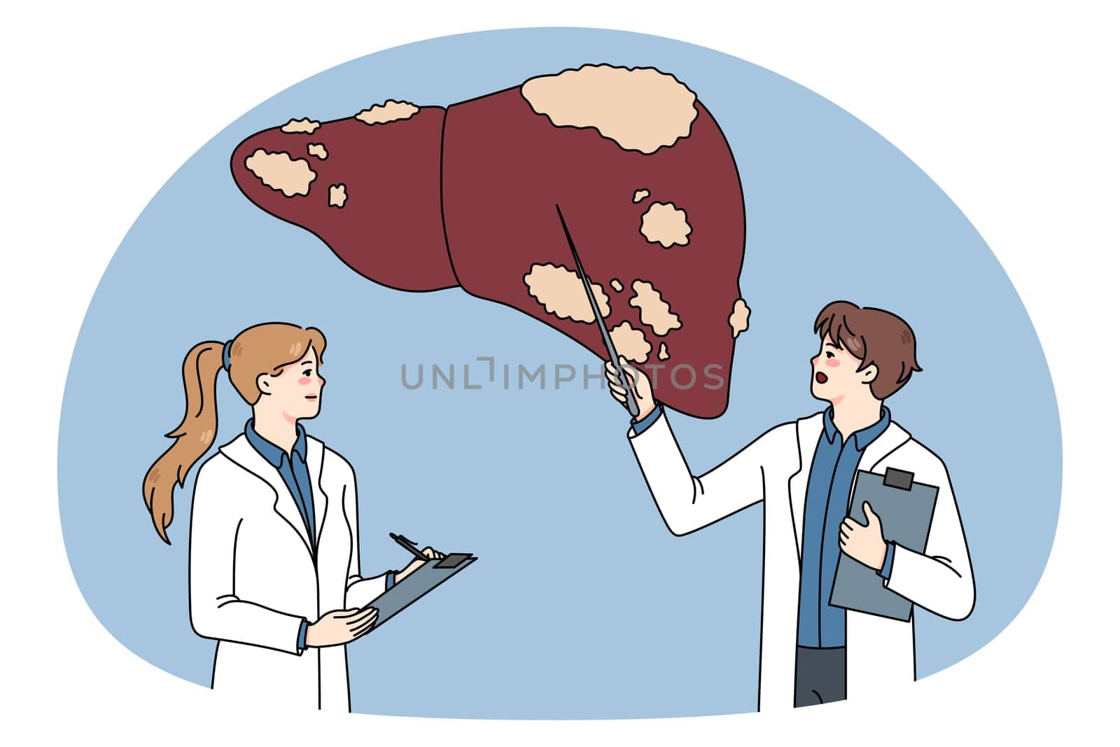 Diverse doctors in medical uniforms examine sick patient liver. Therapist make ultrasound body organ examinations. Hepatology therapy and healthcare. Flat vector illustration.