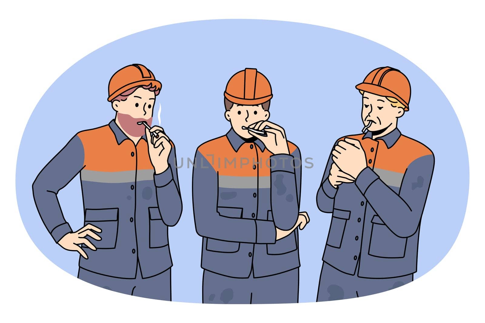 Male workers in uniforms smoking cigarette outdoors. Men builders at work have job break at construction site at special smoke place. Bad habit. Vector illustration, cartoon character.