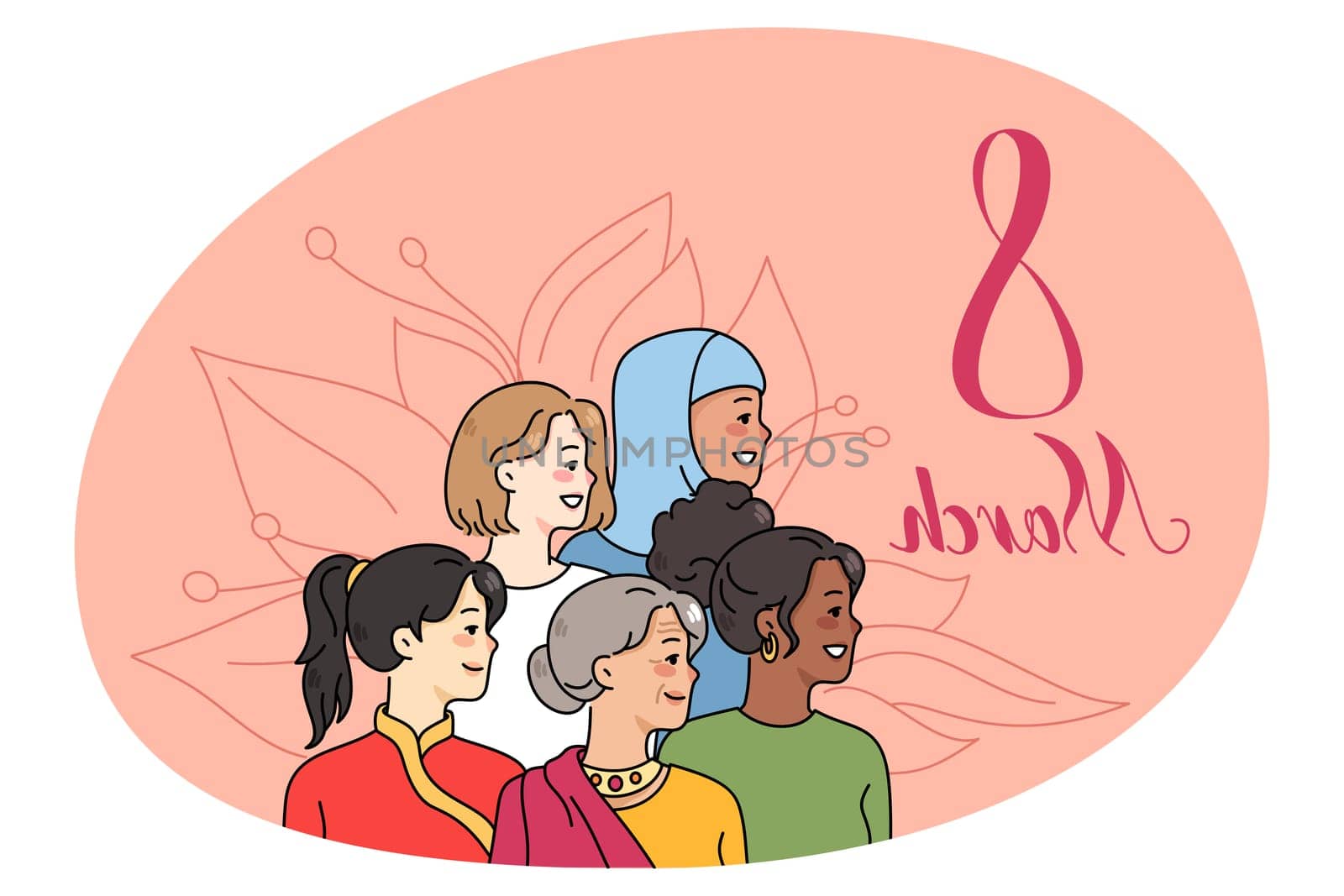 Diverse women look aside celebrate international women day. Multicultural females on 8 march celebration. Woman rights concept. Equality and feminism. Vector illustration.