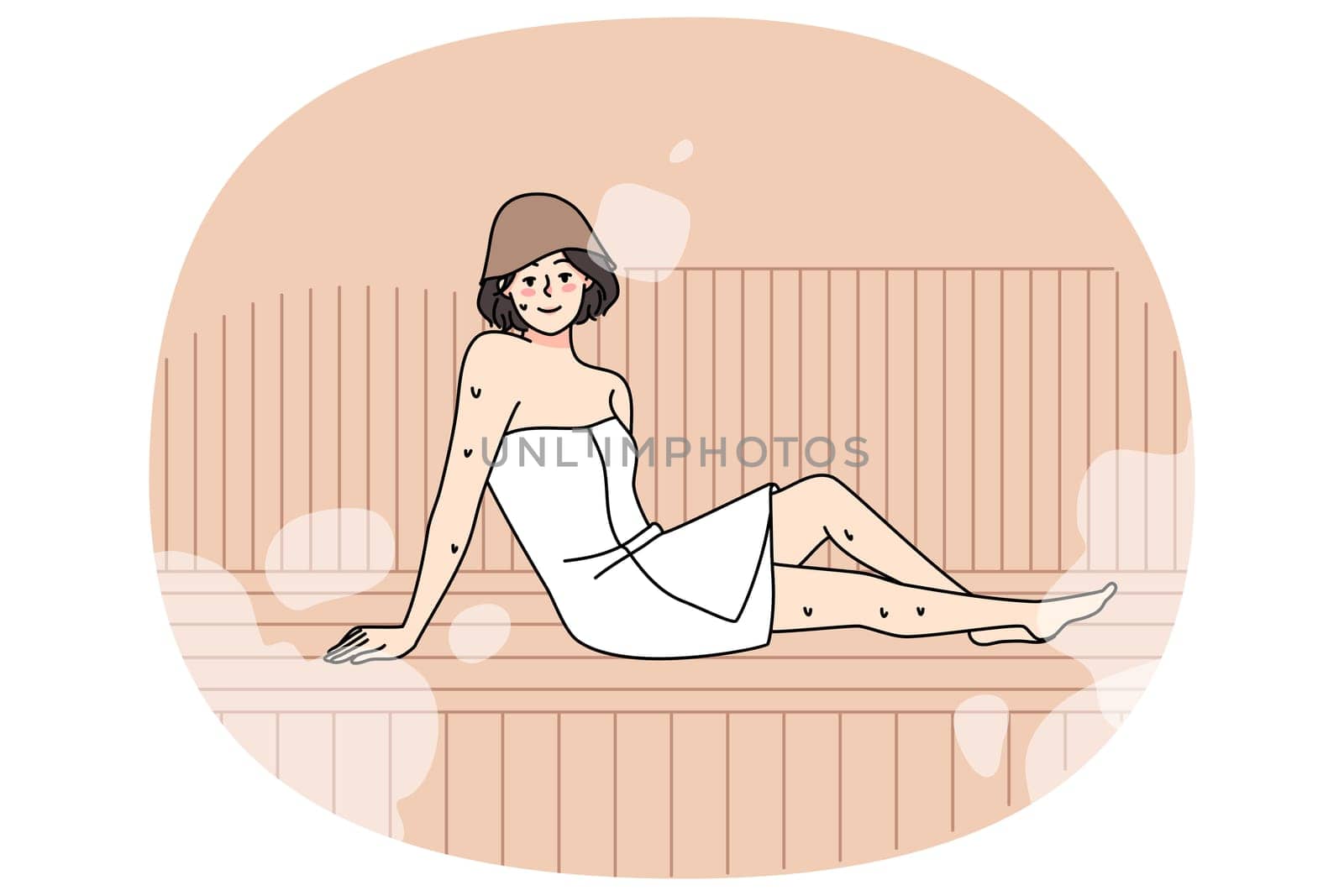 Happy young woman in towel relax in sauna enjoy bodycare procedures. Smiling girl rest in bathhouse with hot steam, take acre of health and wellness. Flat vector illustration.