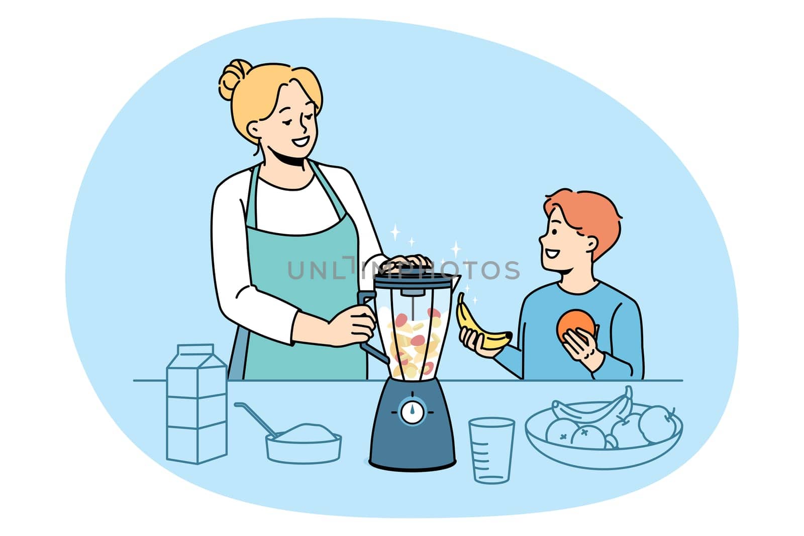 Smiling mother and small son make healthy fruit smoothie in blender at home kitchen. Happy mom and child prepare nutrition drink or juice. Vitamin eating and vegetarian. Vector illustration.