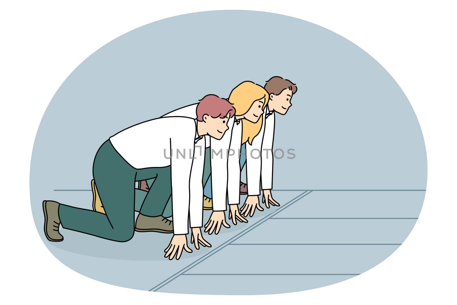 Motivated businesspeople stand at starting position ready for sprint run. Confident diverse employees or clerks compete for better position. Work rivalry or competition. Flat vector illustration.
