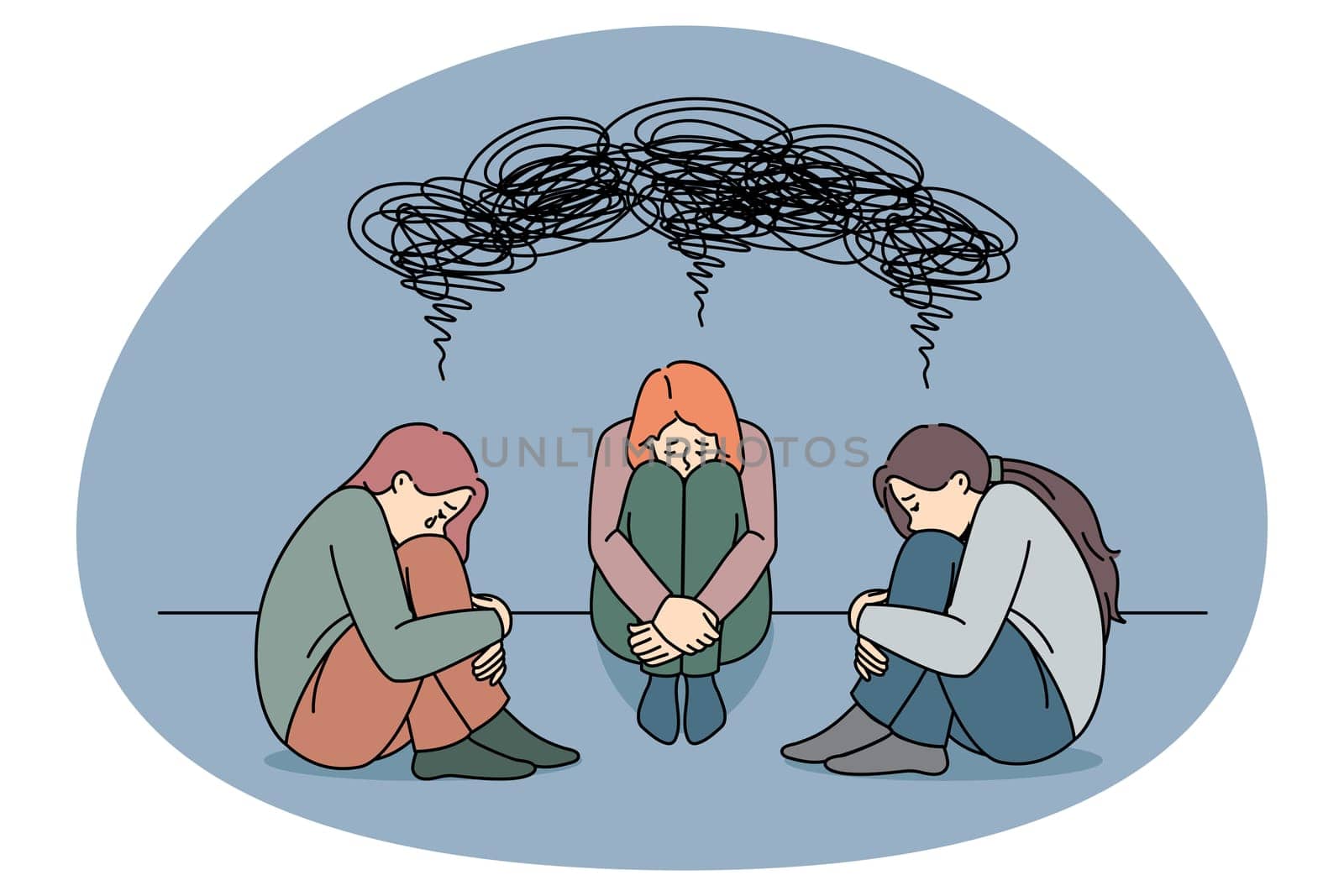 Unhappy women feel stressed sad suffer from mental or psychological problems. Upset desperate girls struggle with depression need psychotherapy or counseling. Vector illustration.