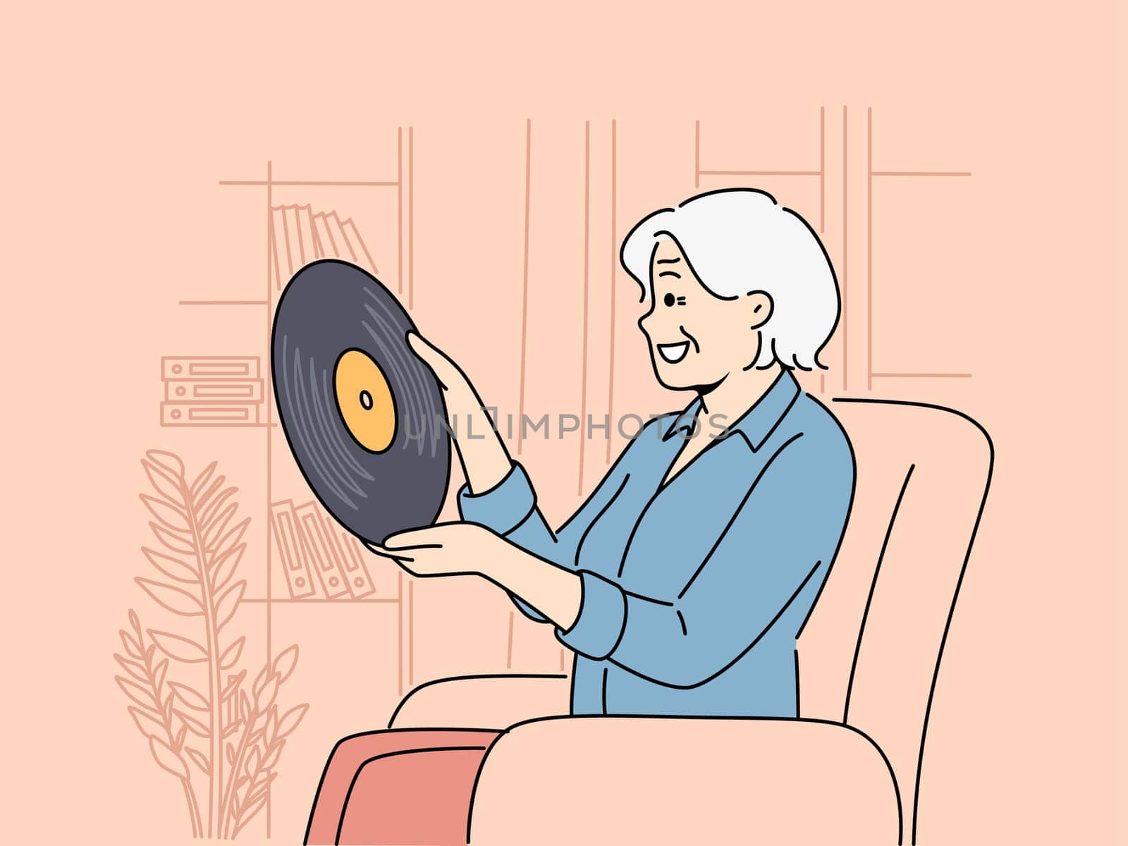 Smiling elderly woman relax at home listen to vinyl. Happy mature grandmother enjoy retro music. Hobby and leisure. Vector illustration.