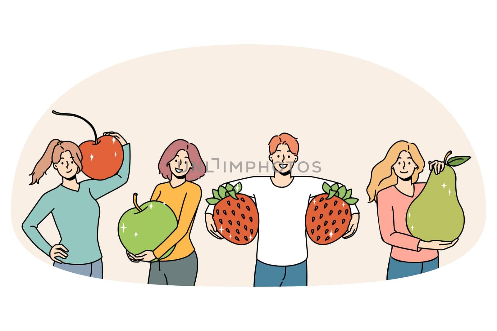 Set of smiling young people holding huge fruit follow healthy lifestyle. Happy men and women with apple, pear and strawberry recommend vegetarian diet and vitamin eating. Vector illustration.