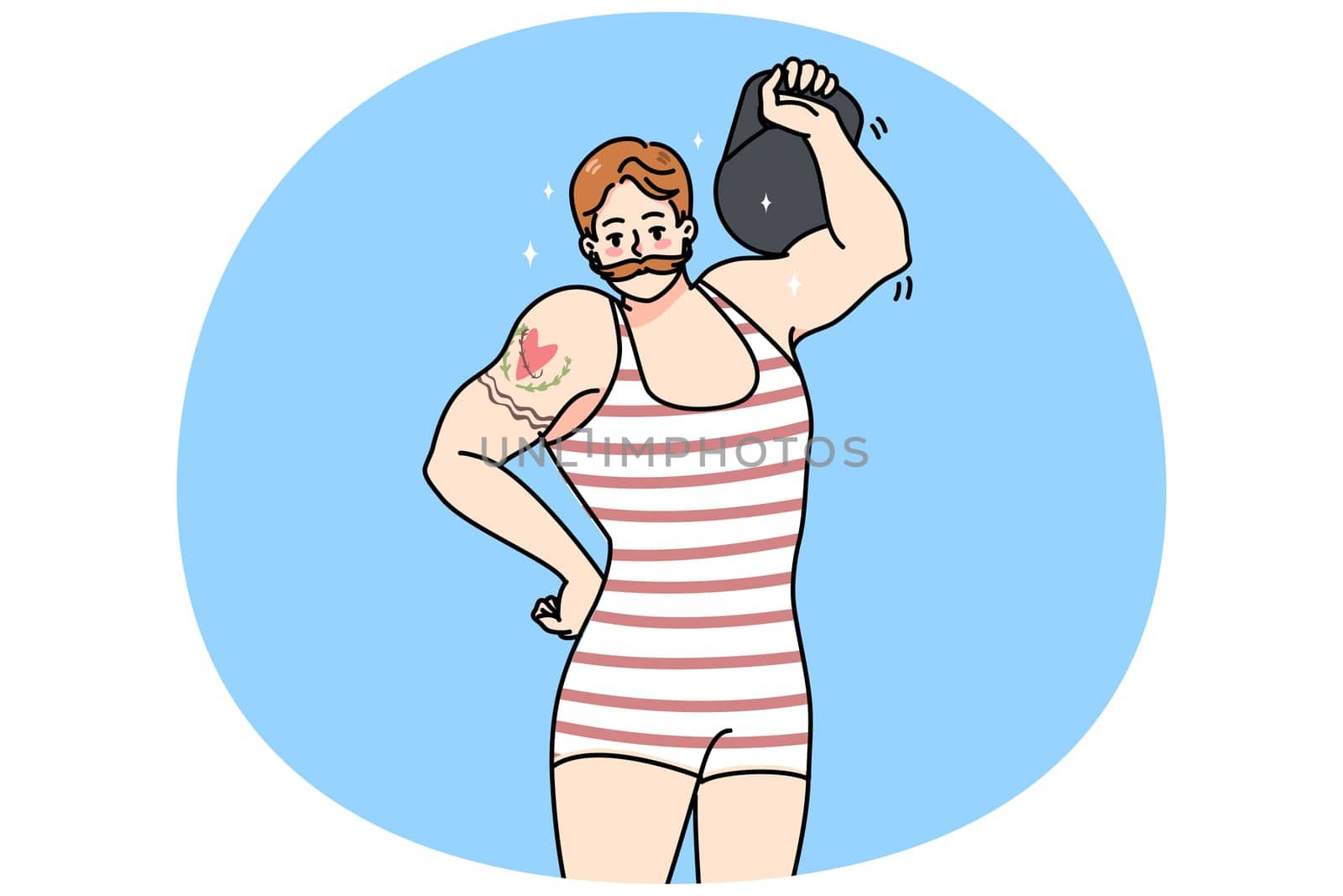 Male circus powerlifter with tattoo wear tricot lift dumbbell show power. Strongman or weightlifter perform stunt with barbell. Powerlifting performance, sport concept. Vector illustration.