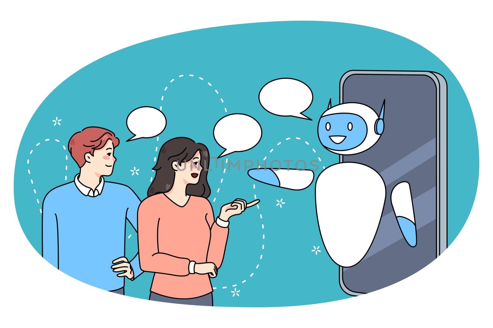 People talk to robotics online support on smartphone. Client use chatbot or humanoid robot internet service on cell. AI and engineering. Artificial intelligence and technology. Vector illustration.
