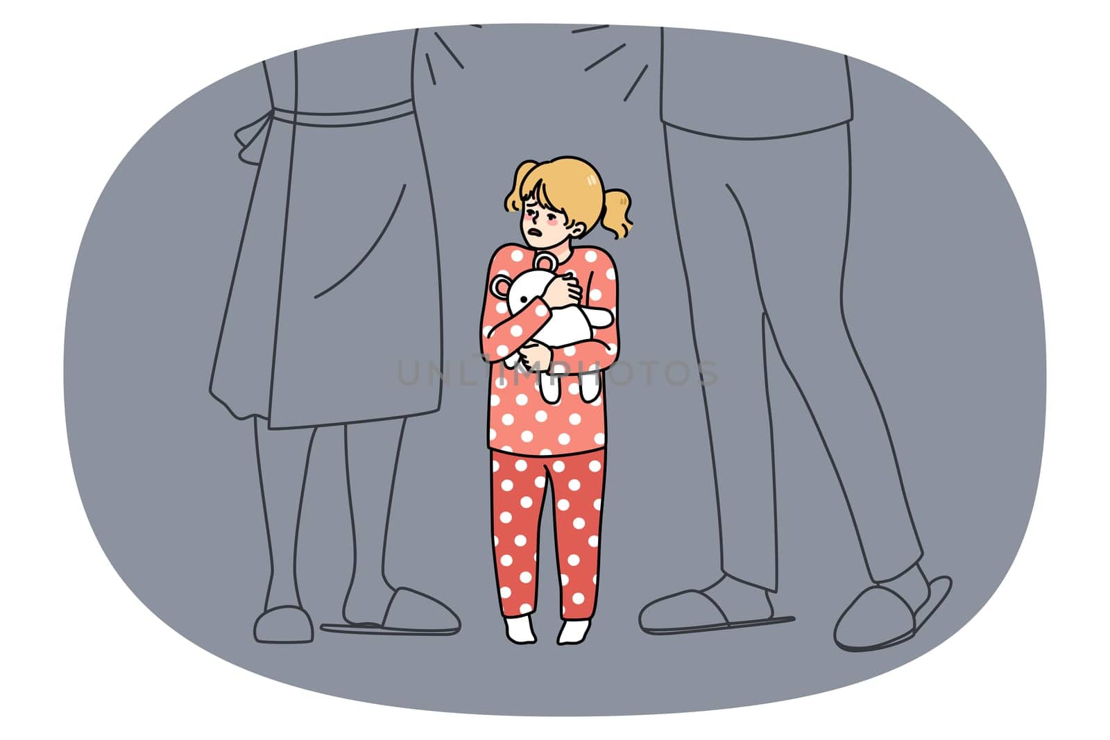 Scared girl child feel stressed with parents argue and fight at home. Unhappy distressed little kid afraid of mom and dad quarrel. Childcare stress, domestic violence effect on children. Vector.