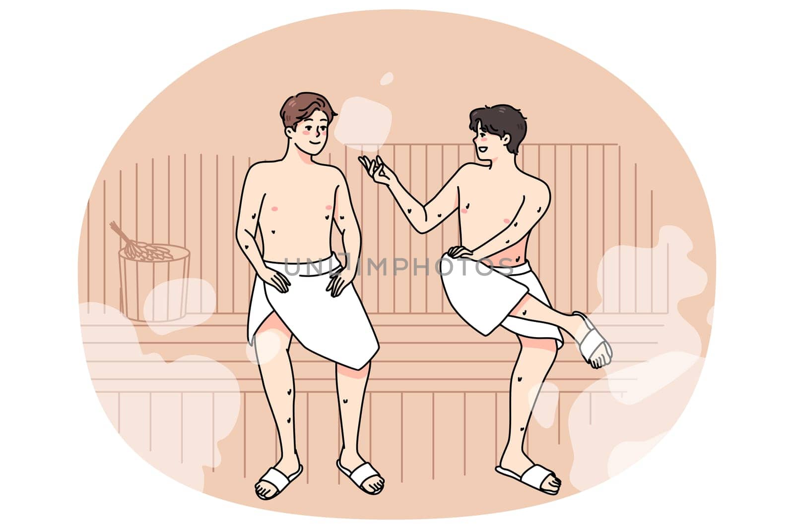Happy male friends in towels relax in sauna on weekend together. Smiling men enjoy bathhouse relaxation, rest in spa or wellness center. Relaxation and recreation. Vector illustration.