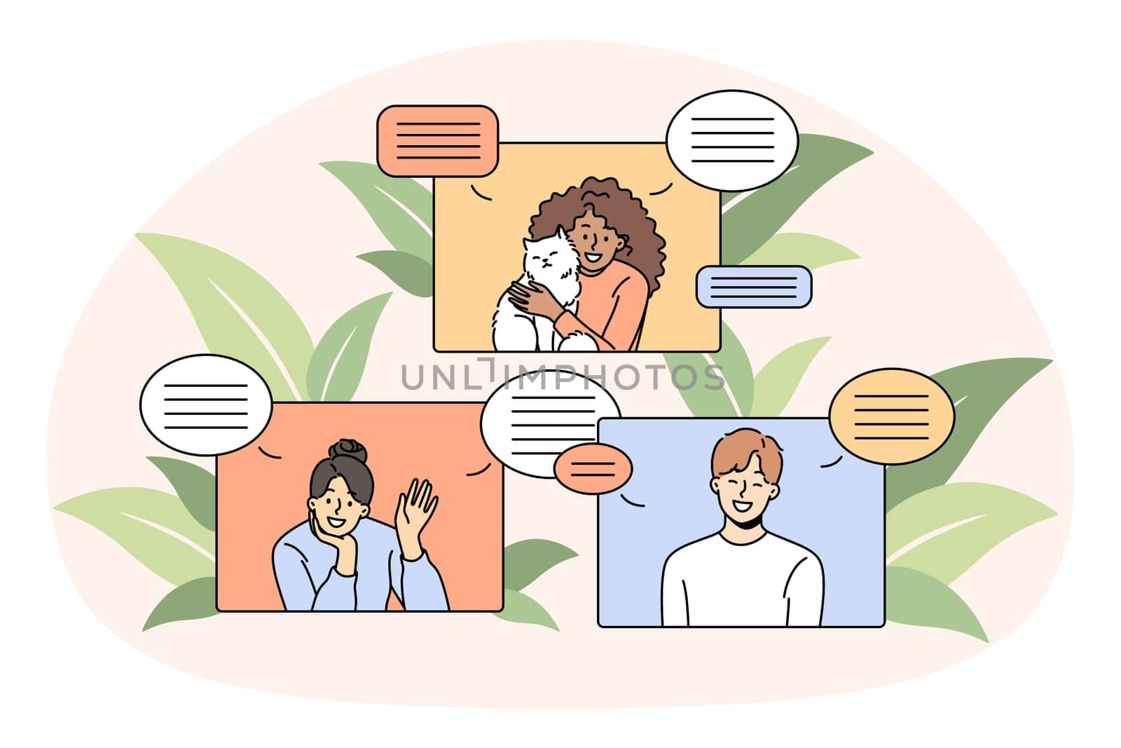Smiling diverse people talk on video call on devices on lockdown. Happy international friends communicate via webcam event or conference. Communication and technology. Vector illustration.