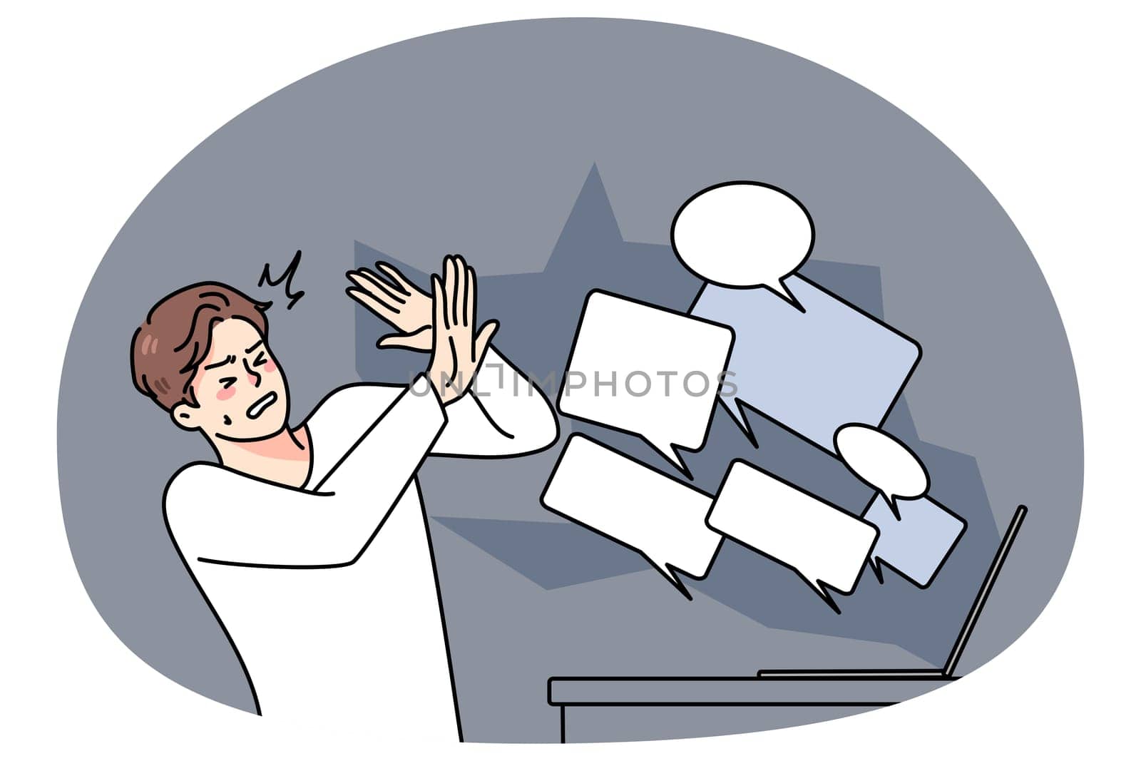 Stressed man overwhelmed with online negative comments and messages on computer. Unhappy guy struggle with hate and bullying on internet. Abuse on social media. Vector illustration.