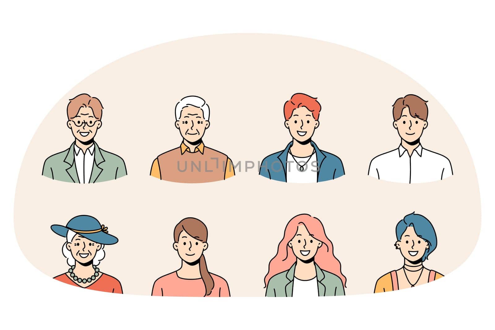Set of diverse people of different ages and genders profile pictures. Collection of smiling young and old men and women avatar portraits and faces. Generation and diversity. Vector illustration.