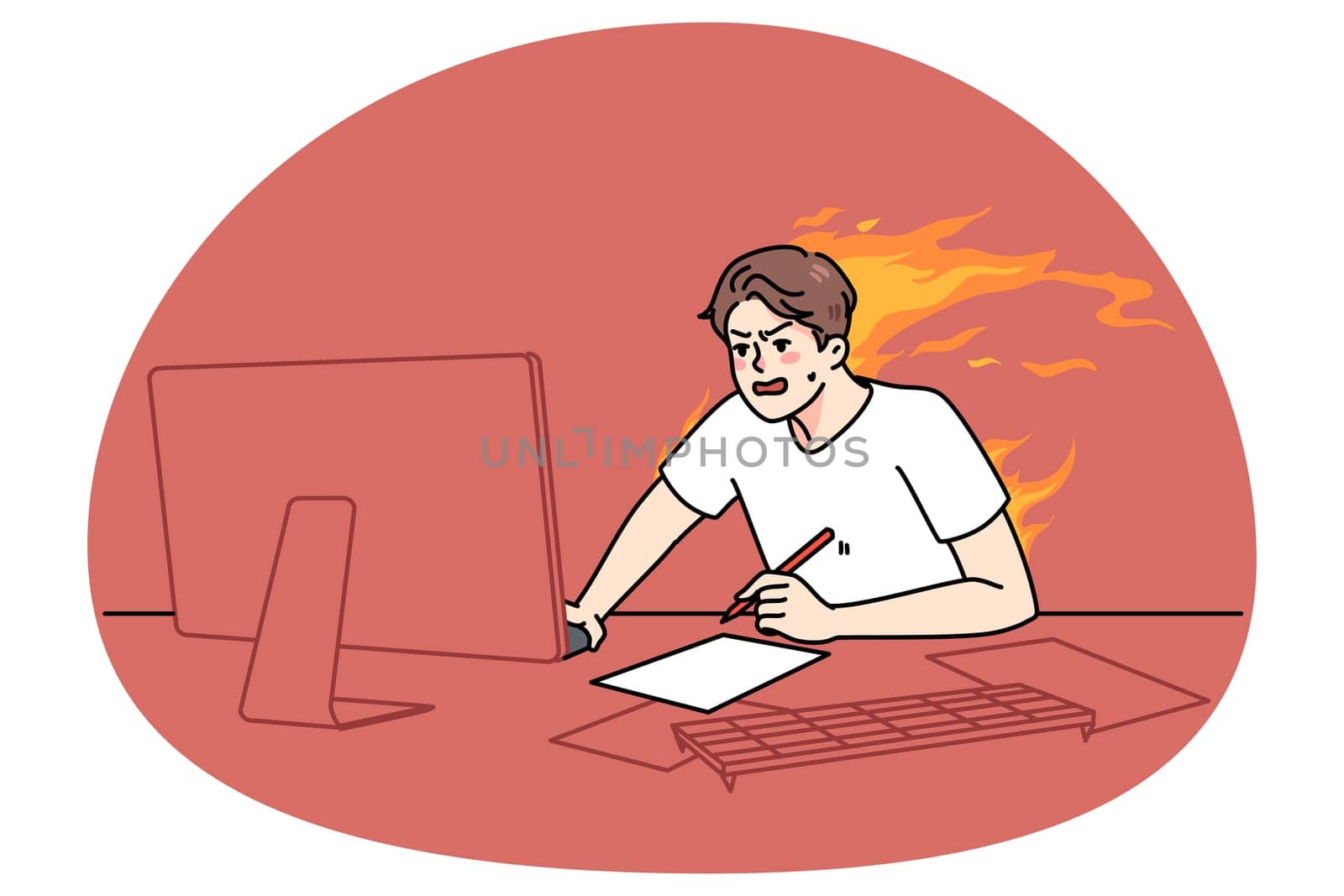 Stressed guy sit at desk work on computer try meet burning deadline. Distressed man hurry working in rush on PC finishing project. Overload and job burnout. Flat vector illustration.