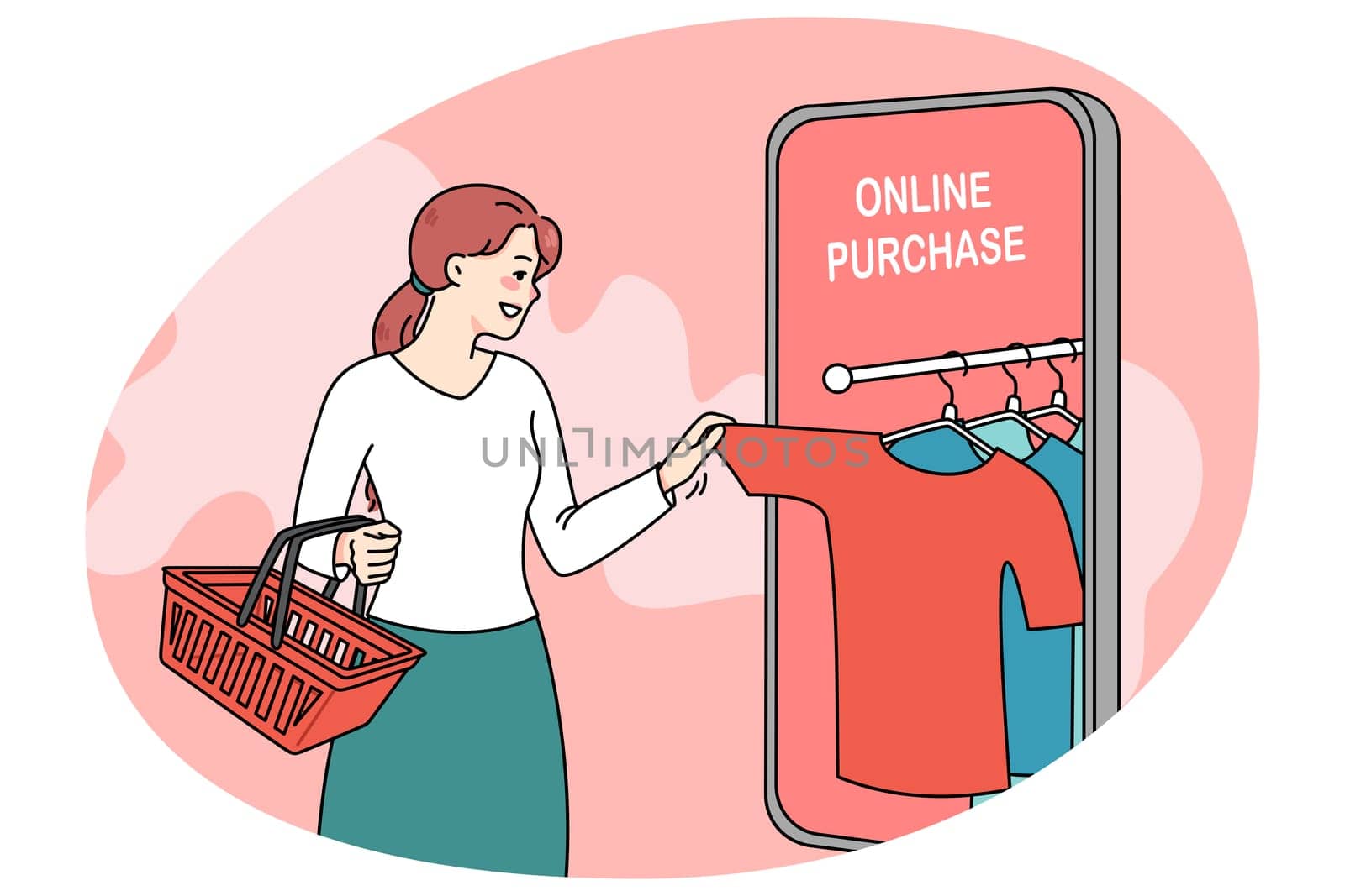 Smiling woman shopping online on app on modern smartphone. Happy female client or buyer purchase order clothes on internet using cellphone application. Consumerism. Vector illustration.