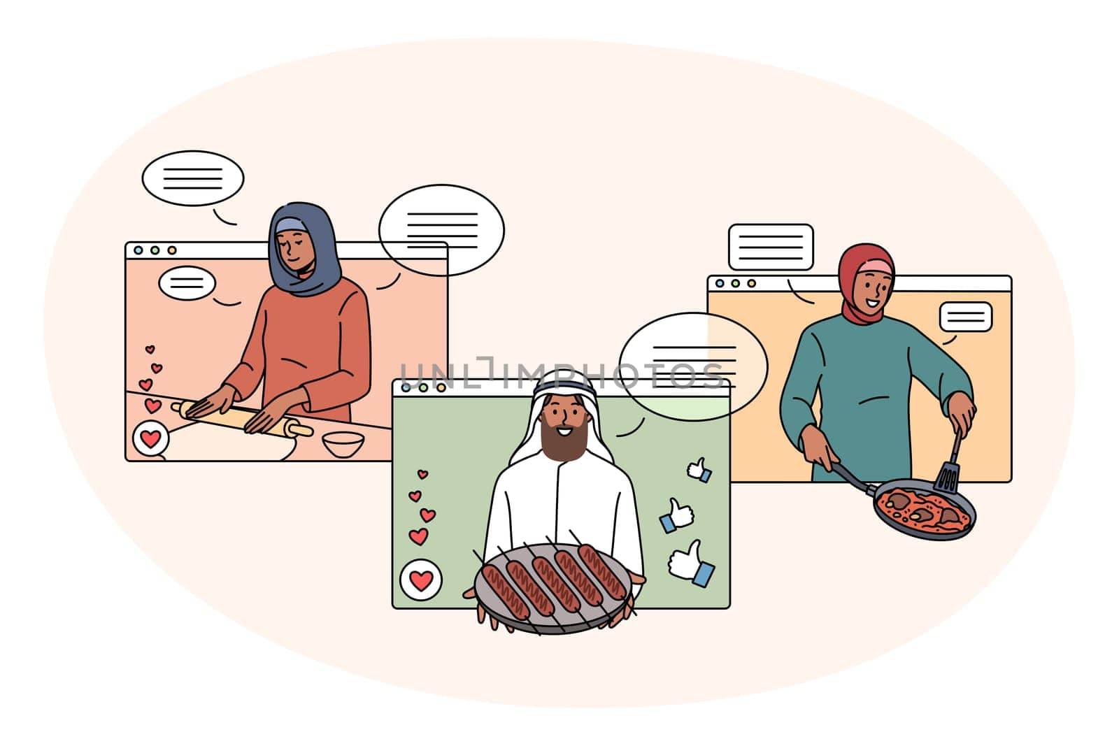 Set of diverse Arabic food bloggers on screen cooking tasty dishes on internet. Collection of arab influencers prepare traditional national meal, have class on web. Flat vector illustration.