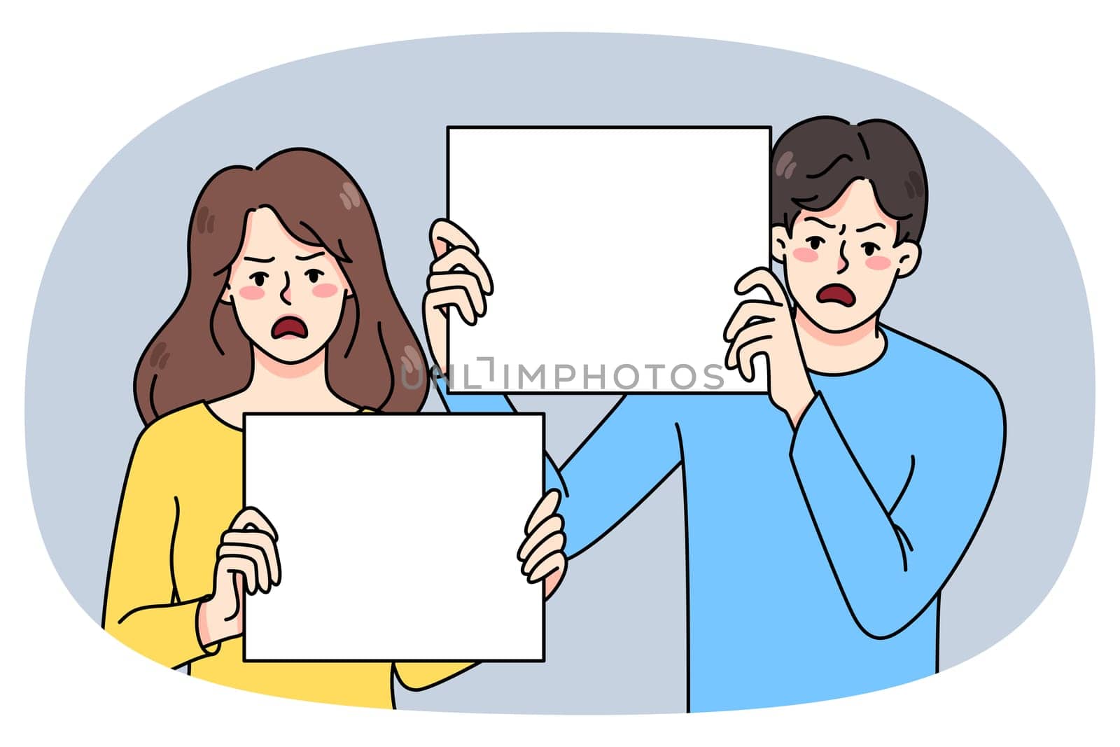Angry people with banners protest against war and invasion. Determined mad activists with signs in hands on demonstration or riot fight for peace. Flat vector illustration.