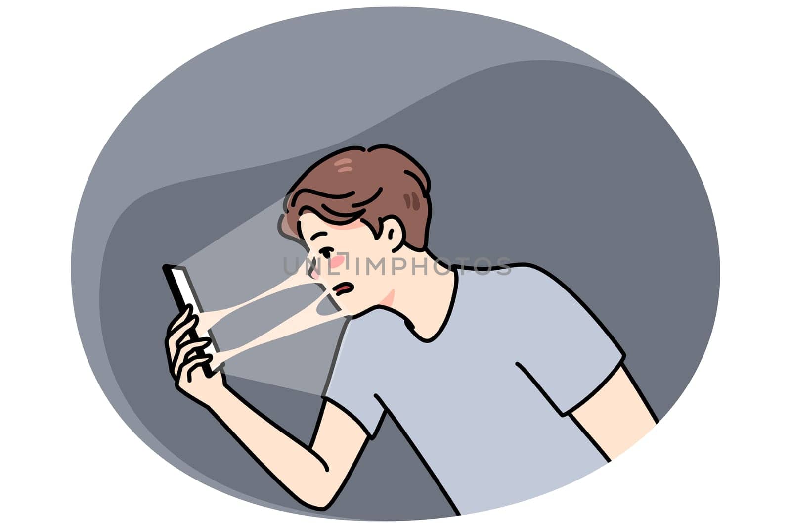Young guy connected sealed to smartphone suffer from technology addiction problem. Man addicted to cellphone and social media, tied to online communication. Flat vector illustration.