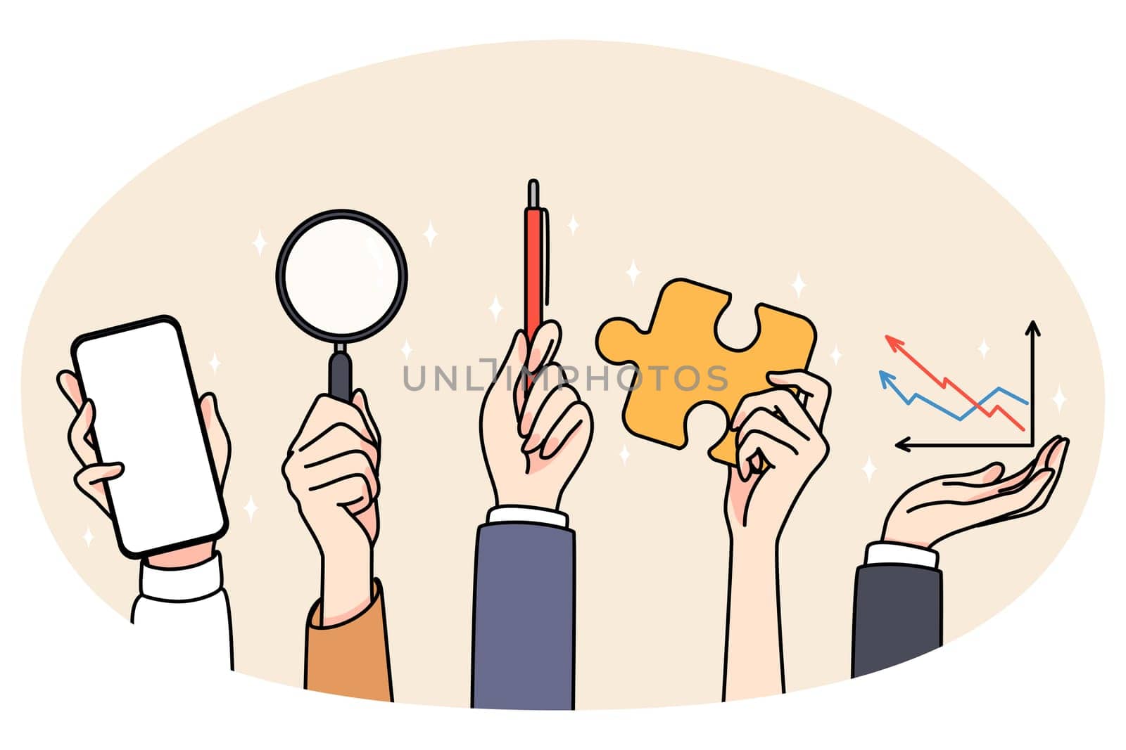 Hands of people holding various work tools and equipment. Businesspeople use stationery for job, phone, magnifier and pen. Office and job supplies. Flat vector illustration.