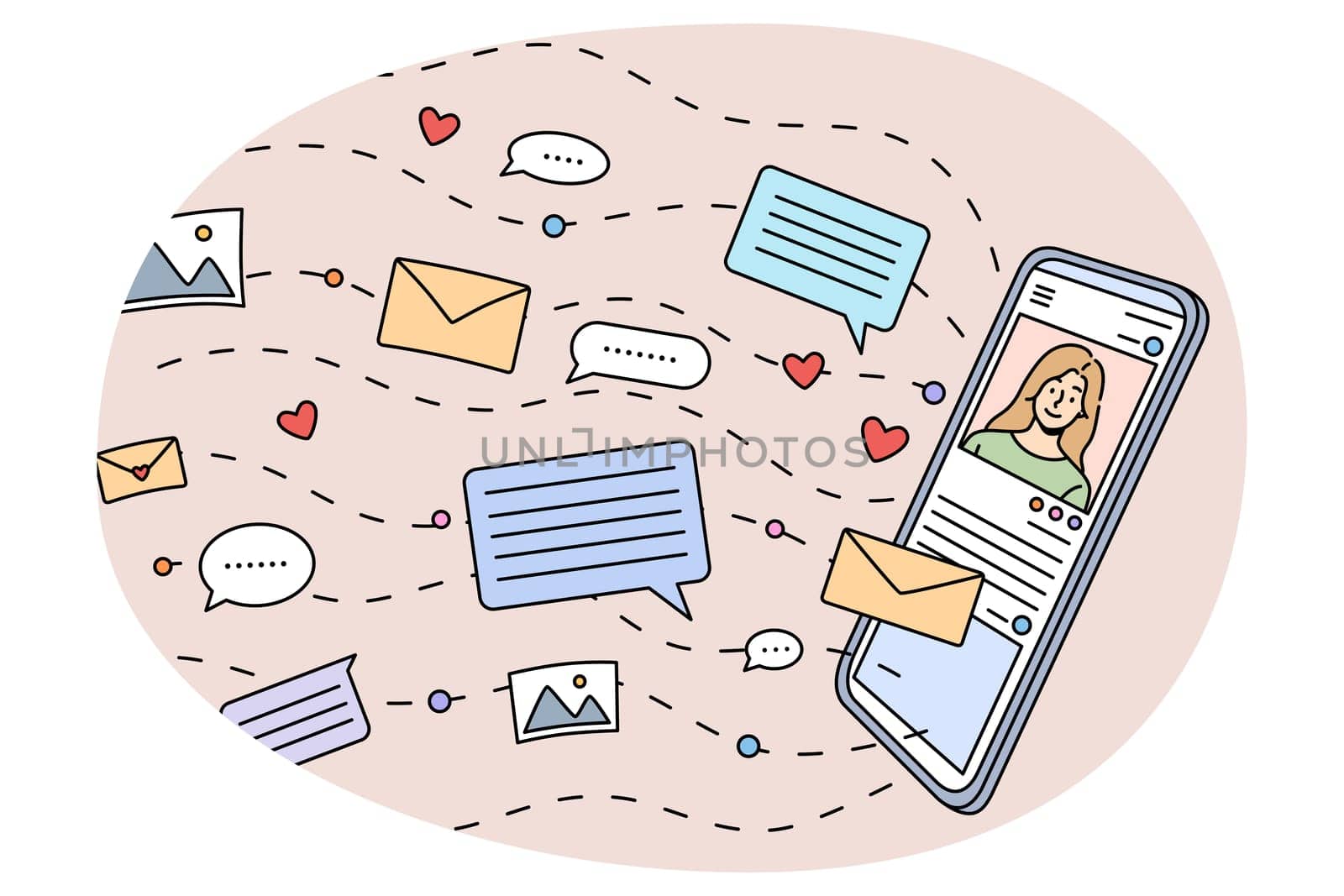 Online communication and chatting on modern cellphone device. Social media notifications and email on smartphone gadget. Communicating on internet. Flat vector illustration.