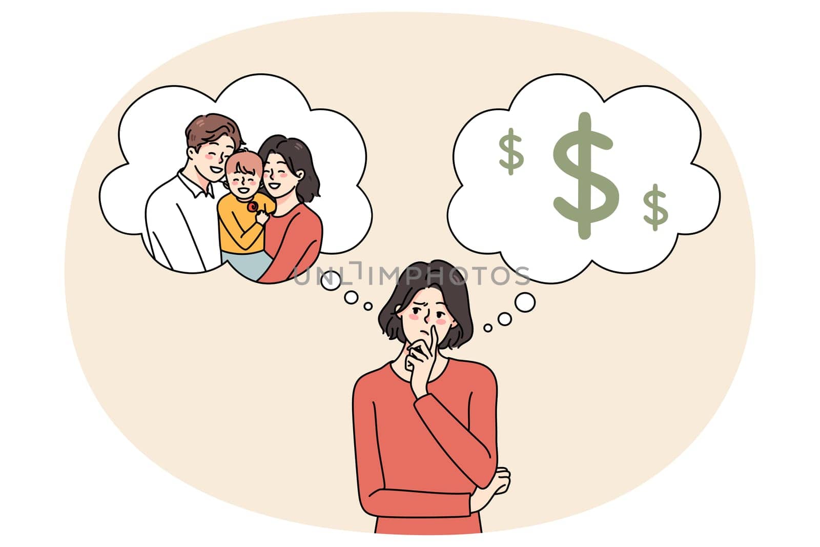 Confused young woman think of life plan, make choice between money and motherhood. Frustrated female choose between career and family. Flat vector illustration, cartoon character.