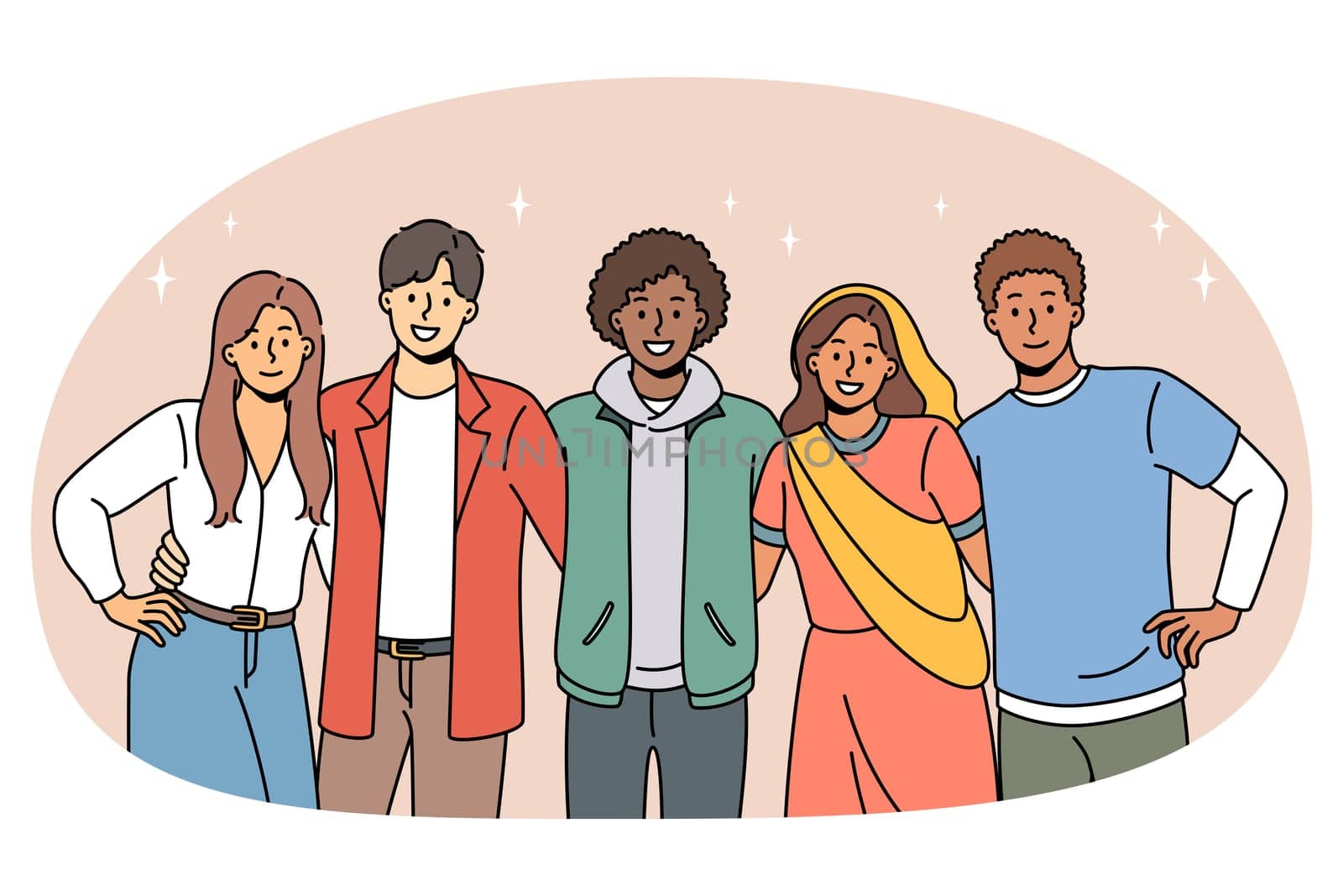 Portrait of multicultural young people stand pose together hugging show international friendship and unity. Smiling diverse multiethnic friends enjoy time together. Diversity. Vector illustration.