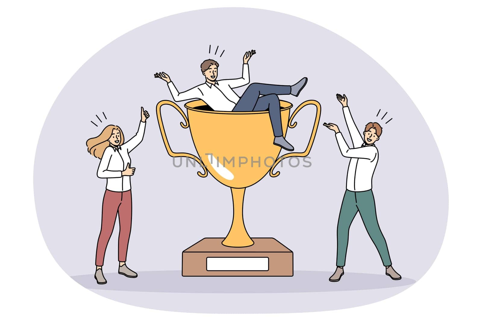 Overjoyed team with huge golden trophy celebrate shared business win or success. Happy businesspeople with award rejoice triumph with career accomplishment. Teamwork. Vector illustration.