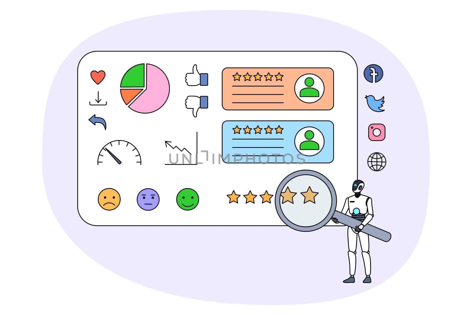 Robot with magnifying glass work for social media optimization. AI humanoid or digital assistant with magnifier rate and give feedback. Search engine, SEO. Vector illustration.