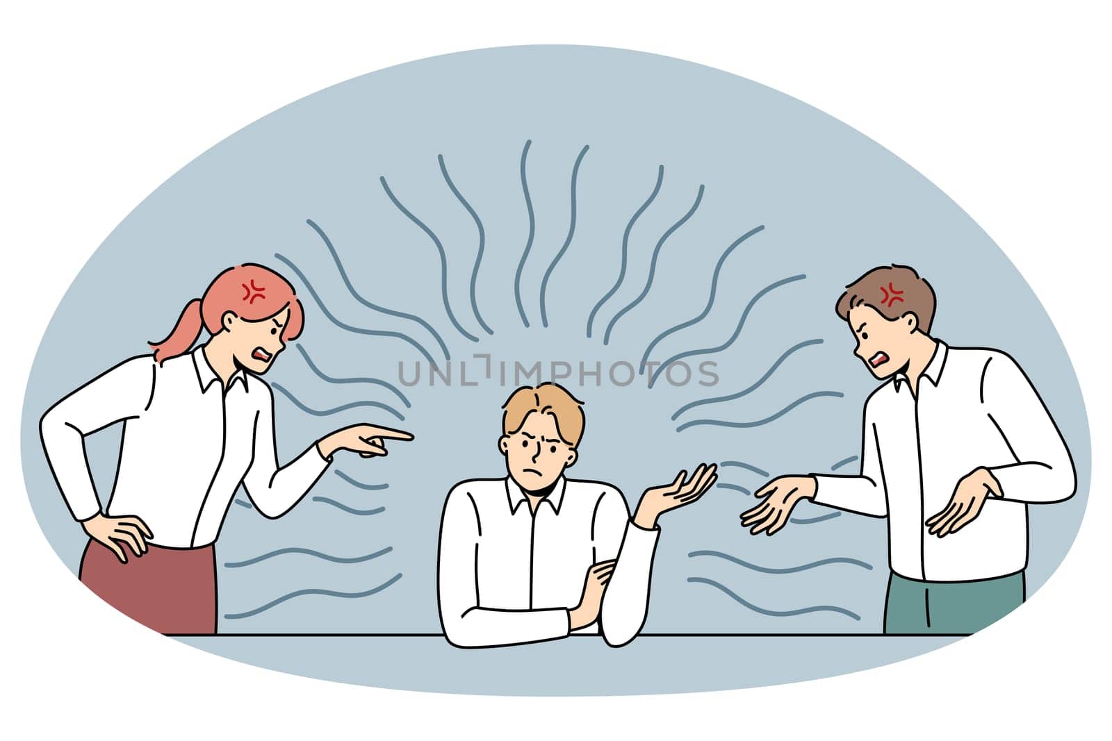 Employees fight quarrel with selfish male colleague in office. Coworkers or businesspeople work argue in unhealthy workplace environment. Teamwork problems. Vector illustration.