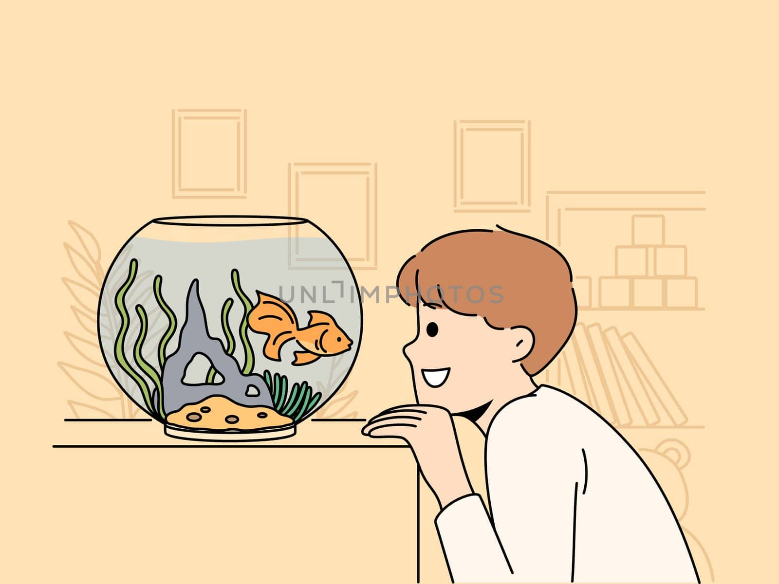 Smiling boy looking at golden fish in aquarium. Cute small child look at goldfish in tank. Hobby and childhood. Vector illustration.