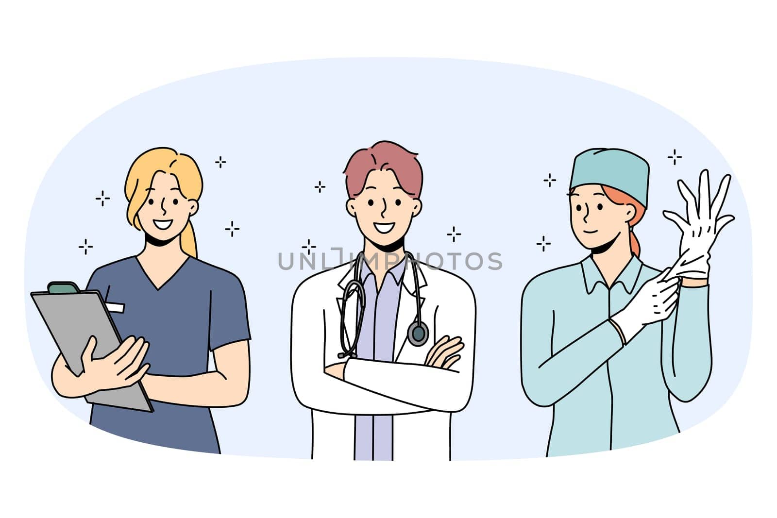 Set of smiling diverse doctors in uniform ready to give good quality medical service to patients. Collection portrait of happy nurse and surgeon in clinic or hospital. Medicine. Vector illustration.