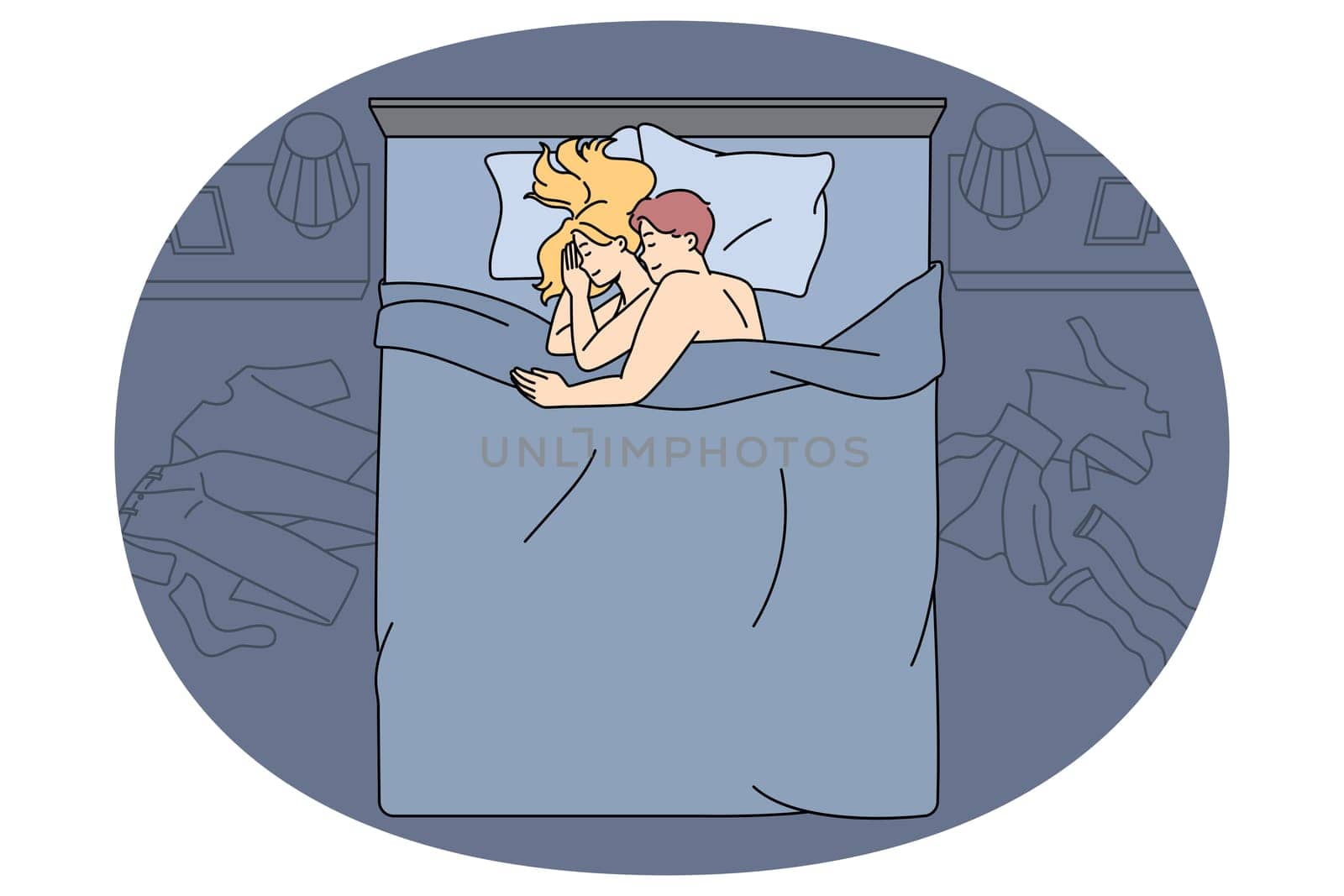 Happy young couple cuddle embrace in bed after sex. Happy man and woman hug relax in bedroom after love making. Sexual intimate life, relationships concept. Flat vector illustration.