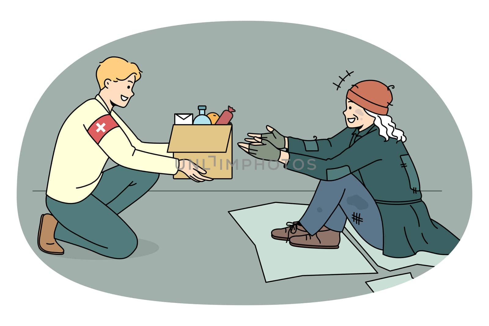 Caring male volunteer give box with food to unhappy poor person outdoors. Kind man activist share products and supplies with homeless needy people on streets. Charity concept. Vector illustration.