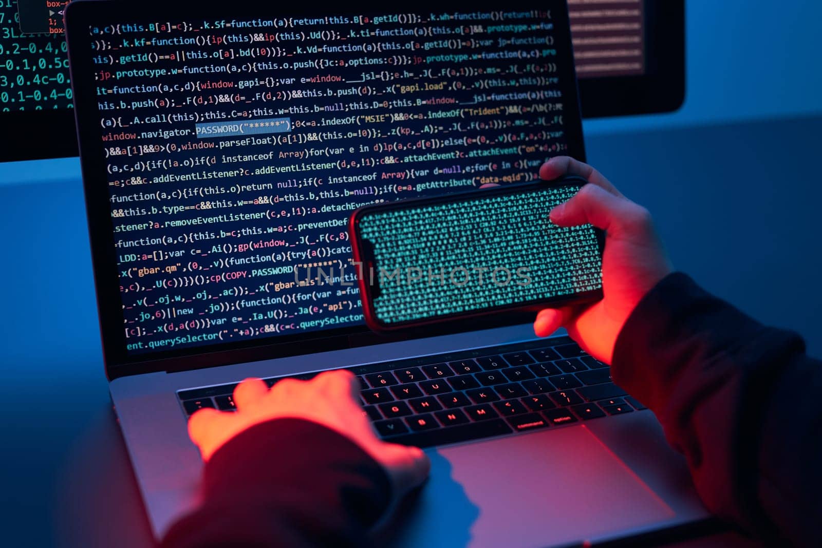 Man using computer and programming  to break code. Cyber security threat. Internet and network security. Stealing private information. Person using technology to steal password and private data. Cyber attack crime