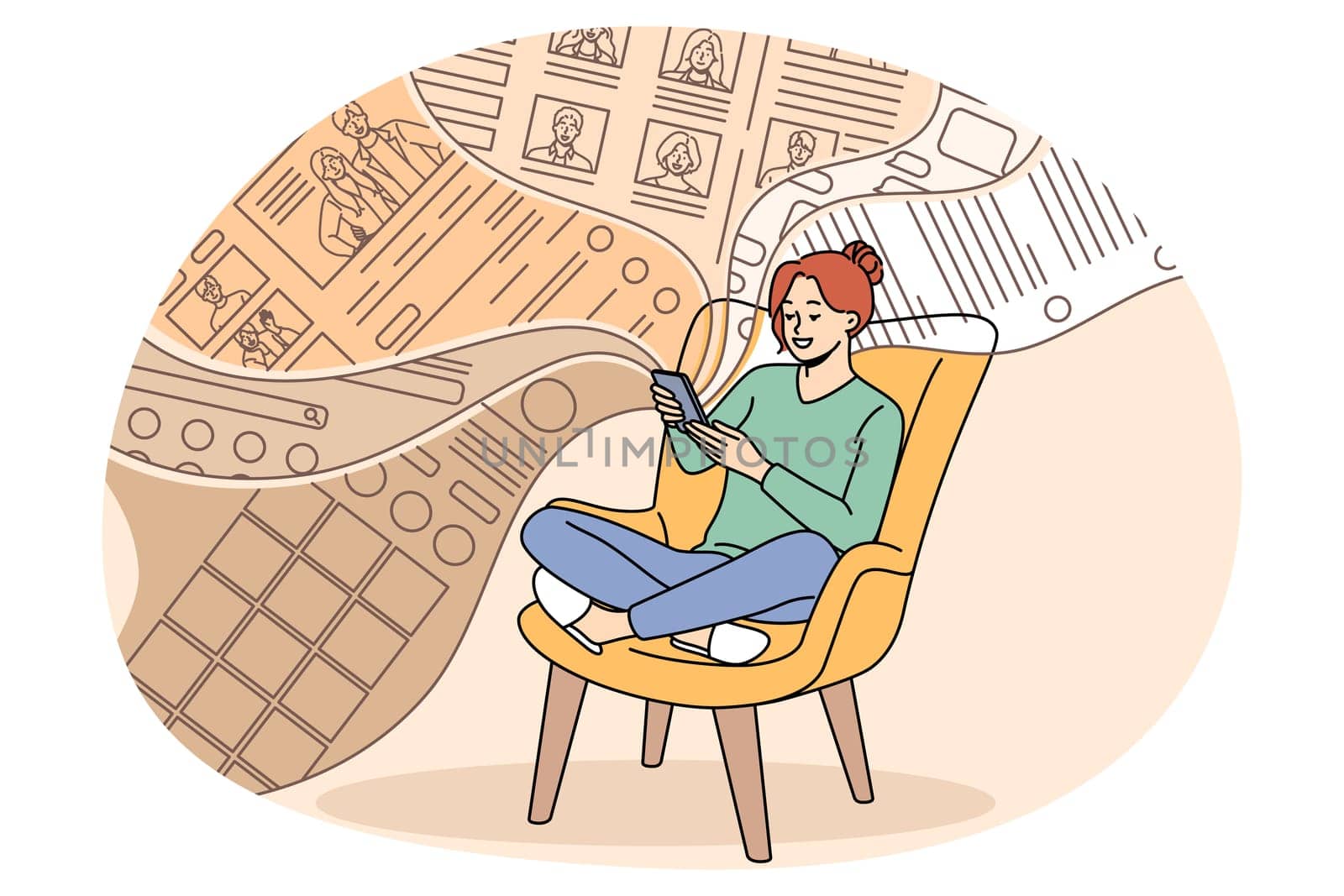 Smiling millennial girl sit relax in chair scroll social media feed on smartphone. Happy young woman use modern cellphone gadget browse internet. Web or phone addiction. Vector illustration.