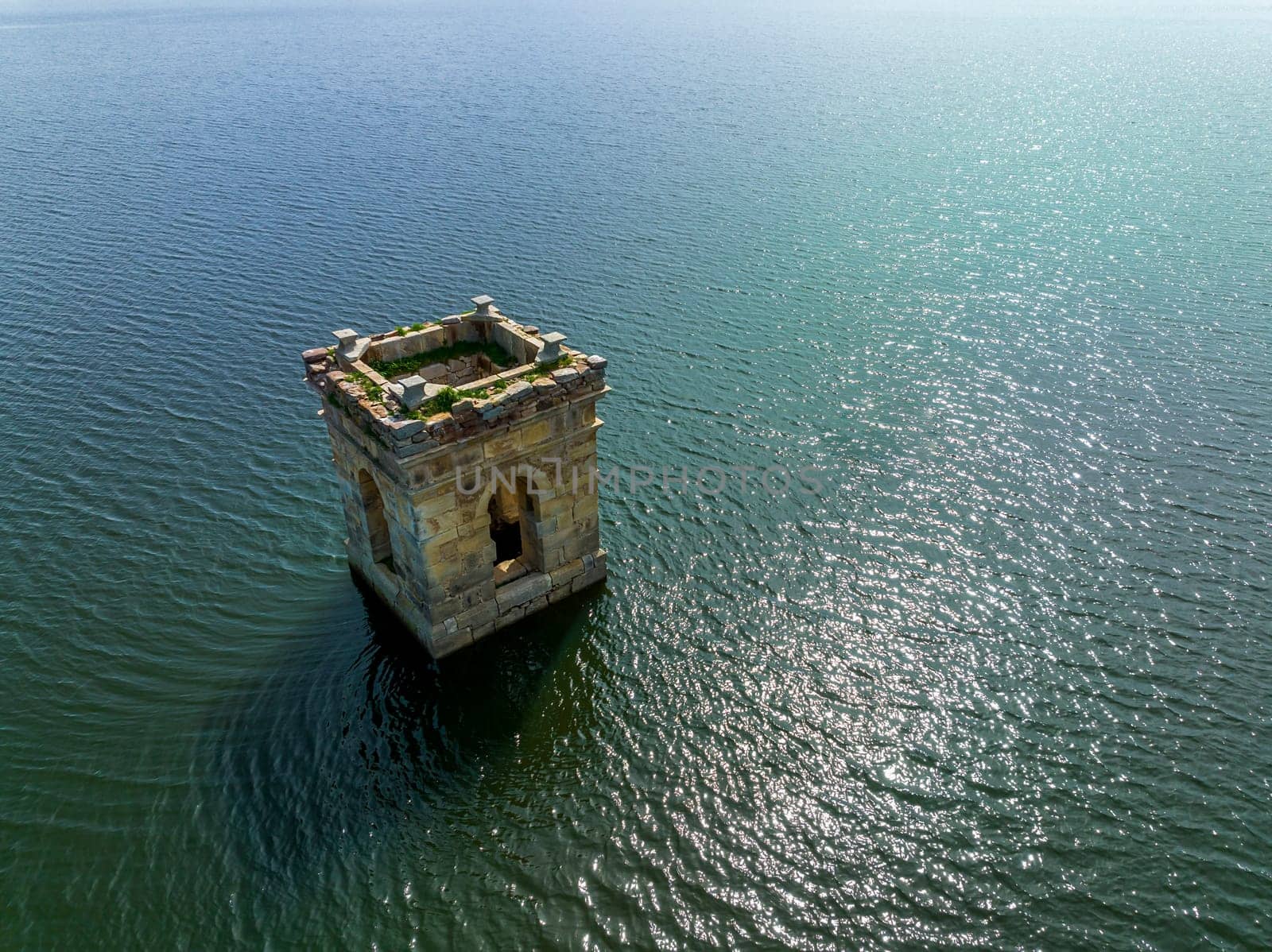 Cuerda del Pozo reservoir on the Duero river view of the bell tower of the church of La Muedra Soria province