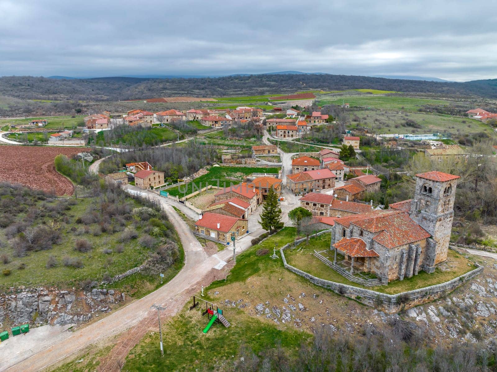Panoramic aerial view of Jaramillo Quemado, beautiful town in Spain belonging to the province of Burgos