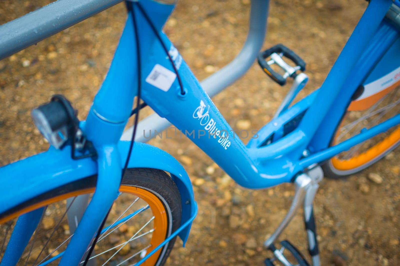 Kalmthout, Belgium, May 2023: Illustrative Editorial: Closeup shot of blue-bike bike sharing and rental