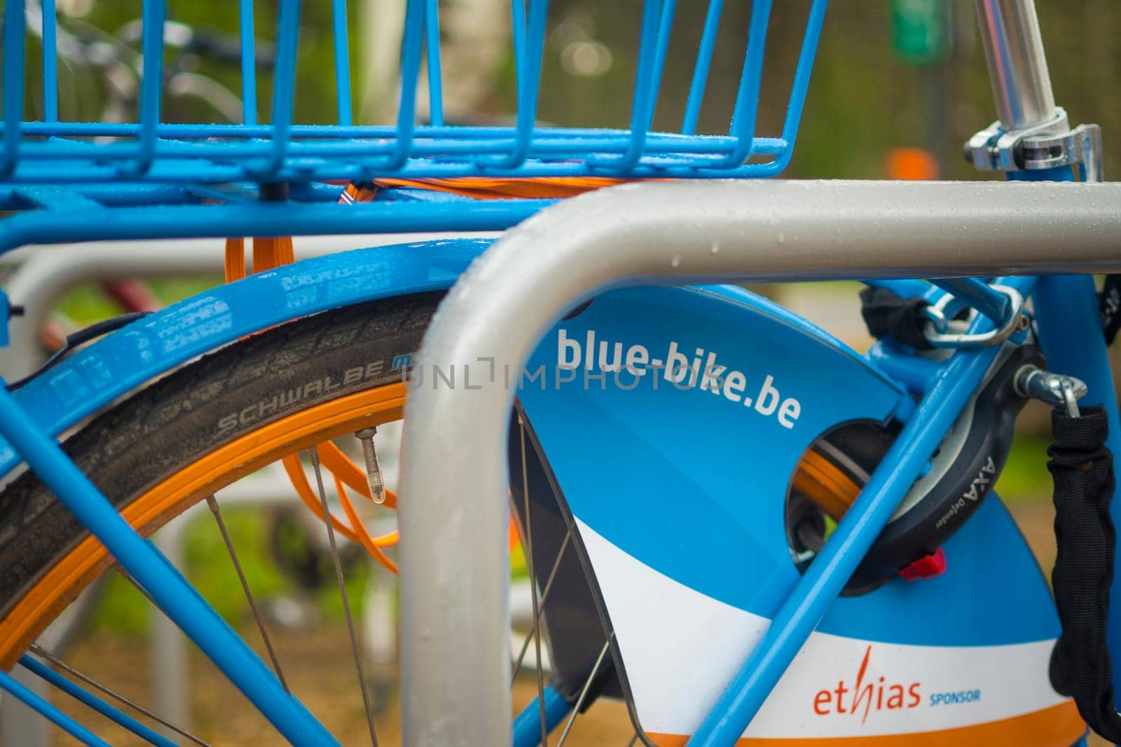 Kalmthout, Belgium, May 2023: Illustrative Editorial: Closeup shot of blue-bike bike sharing and rental