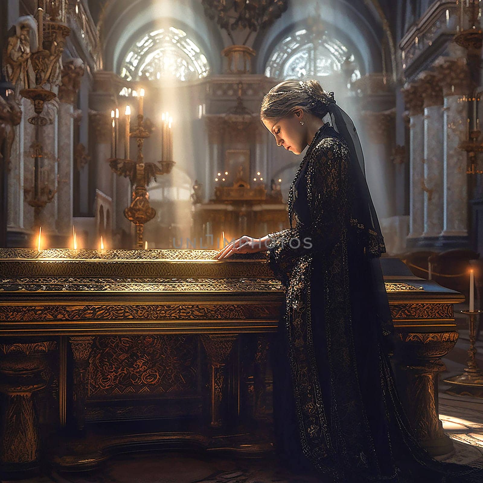 Woman praying at the alter, wearing a black dress. Ai generativ.