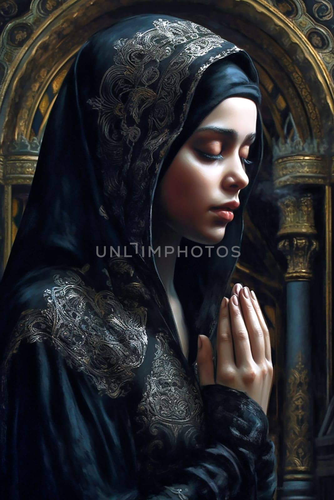 Woman praying at the alter, wearing a black dress. Ai generativ.